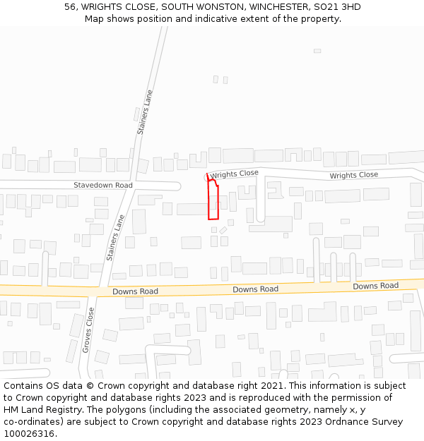 56, WRIGHTS CLOSE, SOUTH WONSTON, WINCHESTER, SO21 3HD: Location map and indicative extent of plot