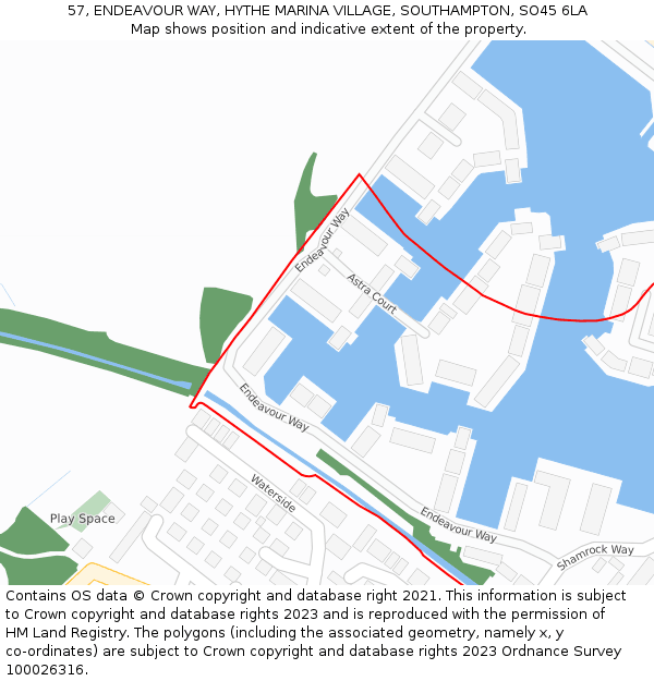 57, ENDEAVOUR WAY, HYTHE MARINA VILLAGE, SOUTHAMPTON, SO45 6LA: Location map and indicative extent of plot