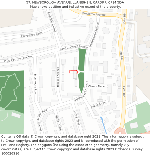 57, NEWBOROUGH AVENUE, LLANISHEN, CARDIFF, CF14 5DA: Location map and indicative extent of plot