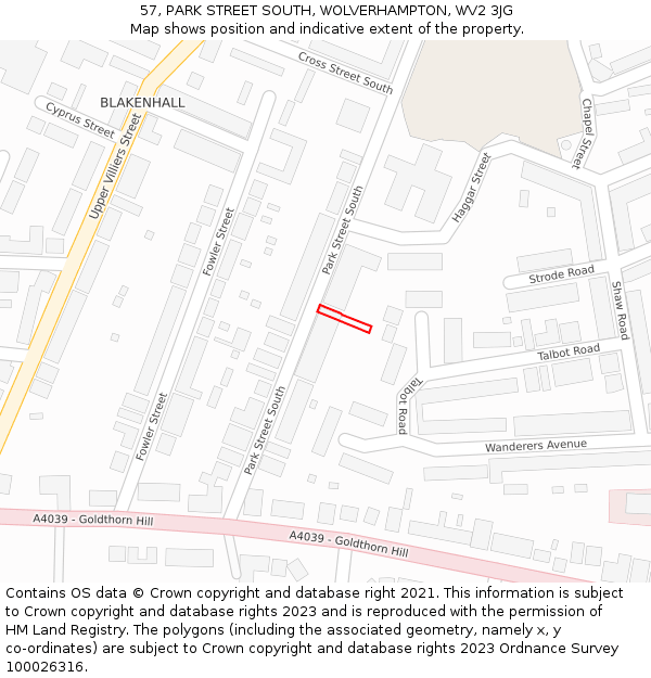 57, PARK STREET SOUTH, WOLVERHAMPTON, WV2 3JG: Location map and indicative extent of plot