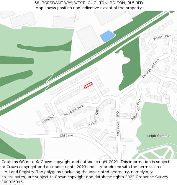 58, BORSDANE WAY, WESTHOUGHTON, BOLTON, BL5 3FD: Location map and indicative extent of plot