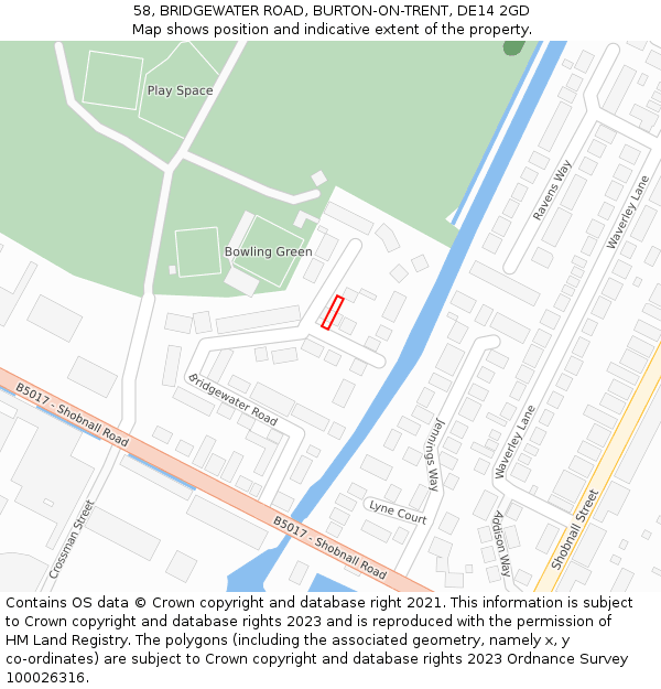 58, BRIDGEWATER ROAD, BURTON-ON-TRENT, DE14 2GD: Location map and indicative extent of plot