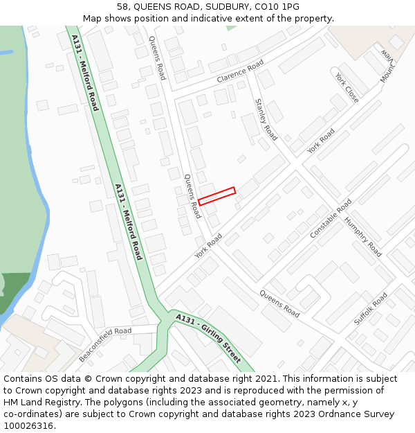 58, QUEENS ROAD, SUDBURY, CO10 1PG: Location map and indicative extent of plot