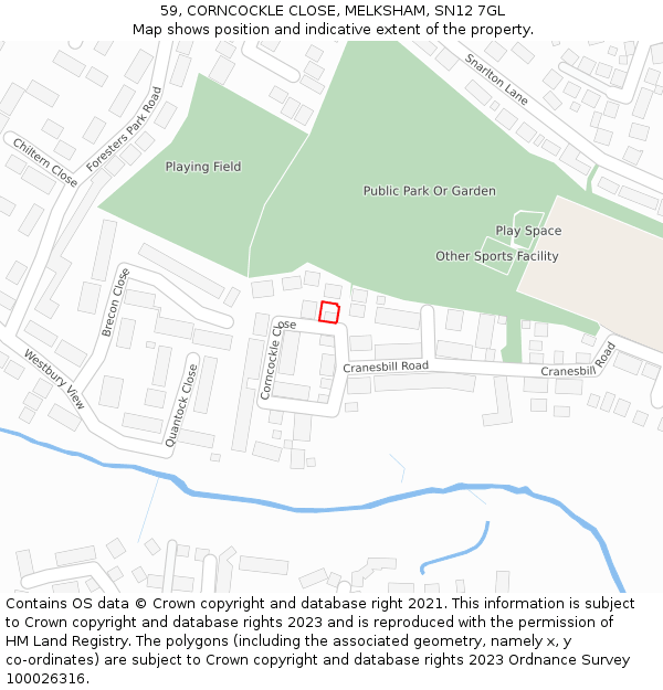 59, CORNCOCKLE CLOSE, MELKSHAM, SN12 7GL: Location map and indicative extent of plot
