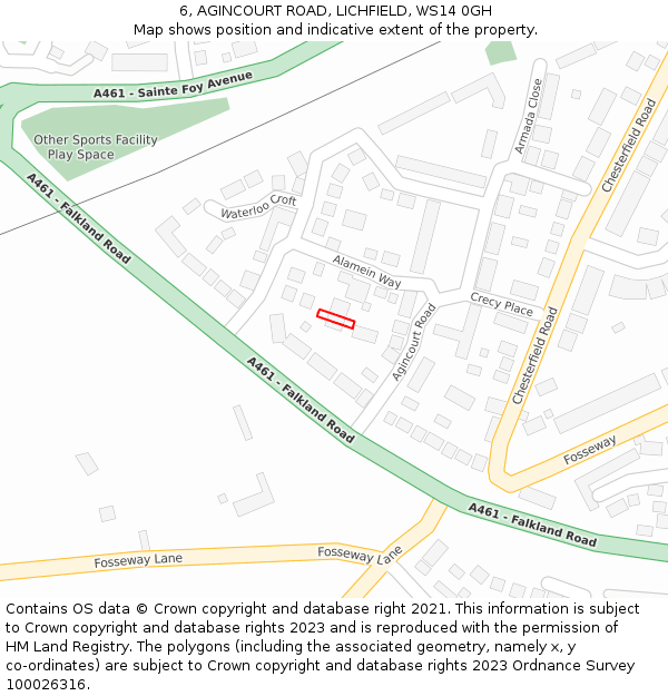 6, AGINCOURT ROAD, LICHFIELD, WS14 0GH: Location map and indicative extent of plot