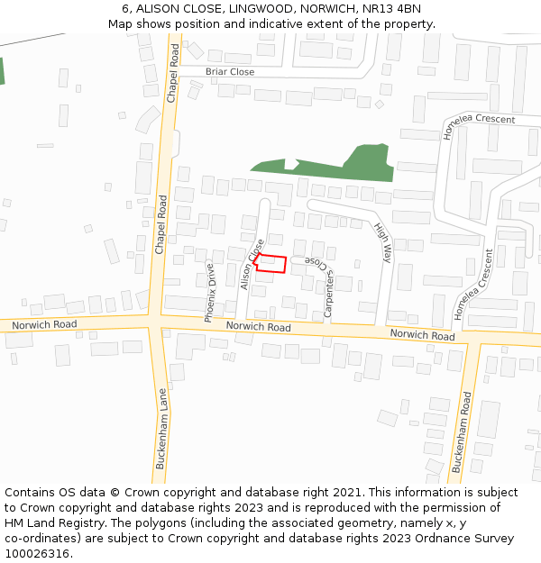 6, ALISON CLOSE, LINGWOOD, NORWICH, NR13 4BN: Location map and indicative extent of plot