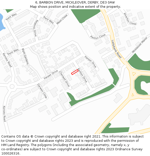 6, BARBON DRIVE, MICKLEOVER, DERBY, DE3 0AW: Location map and indicative extent of plot