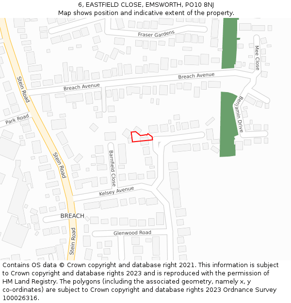 6, EASTFIELD CLOSE, EMSWORTH, PO10 8NJ: Location map and indicative extent of plot