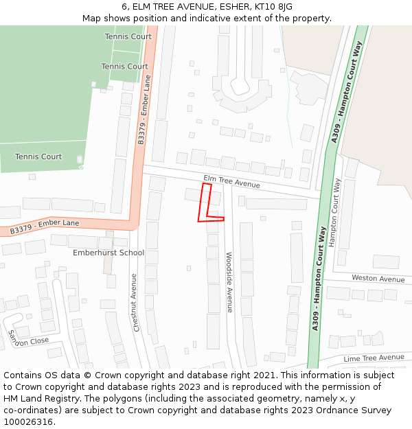 6, ELM TREE AVENUE, ESHER, KT10 8JG: Location map and indicative extent of plot
