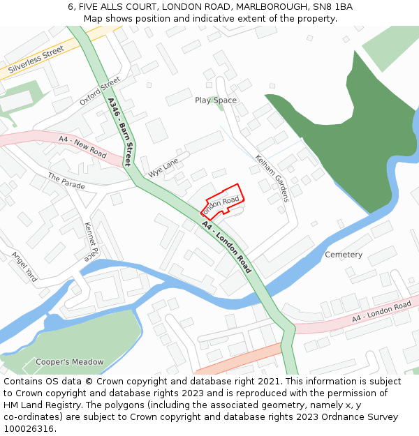 6, FIVE ALLS COURT, LONDON ROAD, MARLBOROUGH, SN8 1BA: Location map and indicative extent of plot