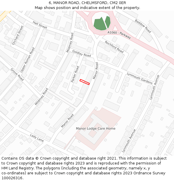 6, MANOR ROAD, CHELMSFORD, CM2 0ER: Location map and indicative extent of plot