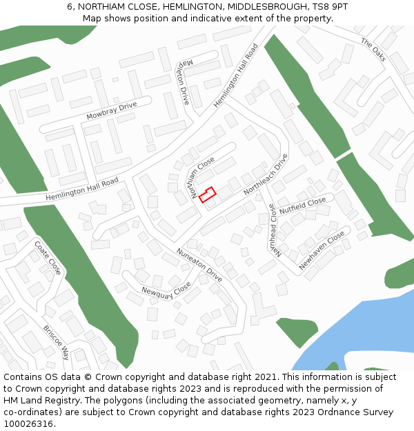 6, NORTHIAM CLOSE, HEMLINGTON, MIDDLESBROUGH, TS8 9PT: Location map and indicative extent of plot