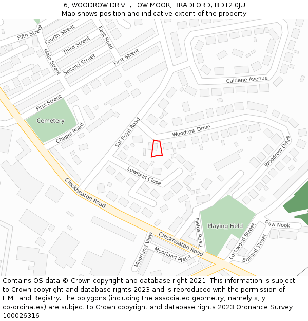 6, WOODROW DRIVE, LOW MOOR, BRADFORD, BD12 0JU: Location map and indicative extent of plot