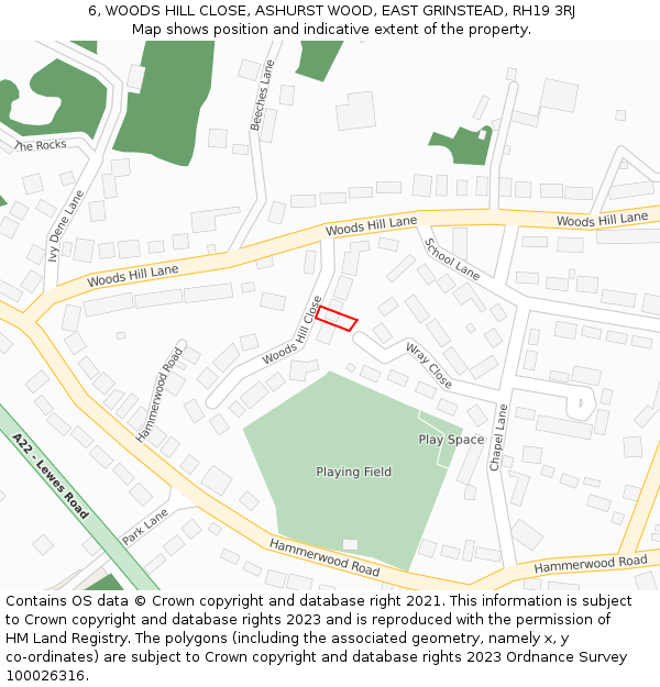6, WOODS HILL CLOSE, ASHURST WOOD, EAST GRINSTEAD, RH19 3RJ: Location map and indicative extent of plot