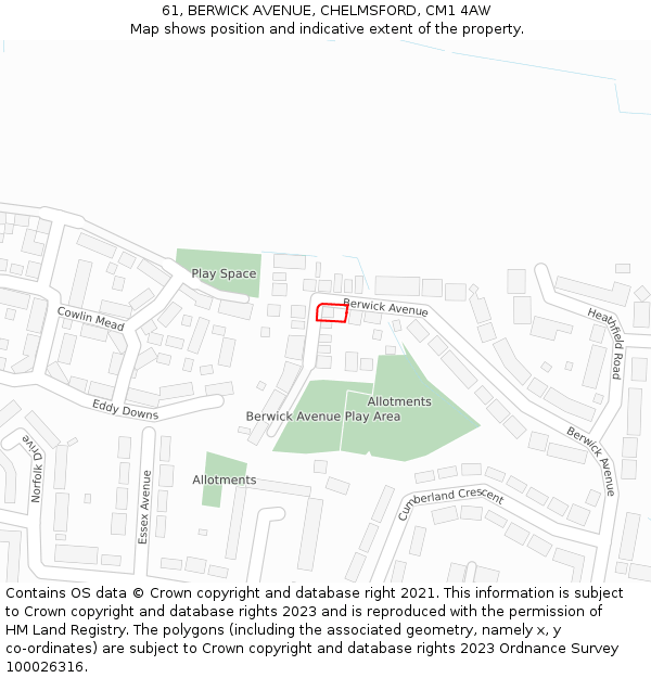 61, BERWICK AVENUE, CHELMSFORD, CM1 4AW: Location map and indicative extent of plot