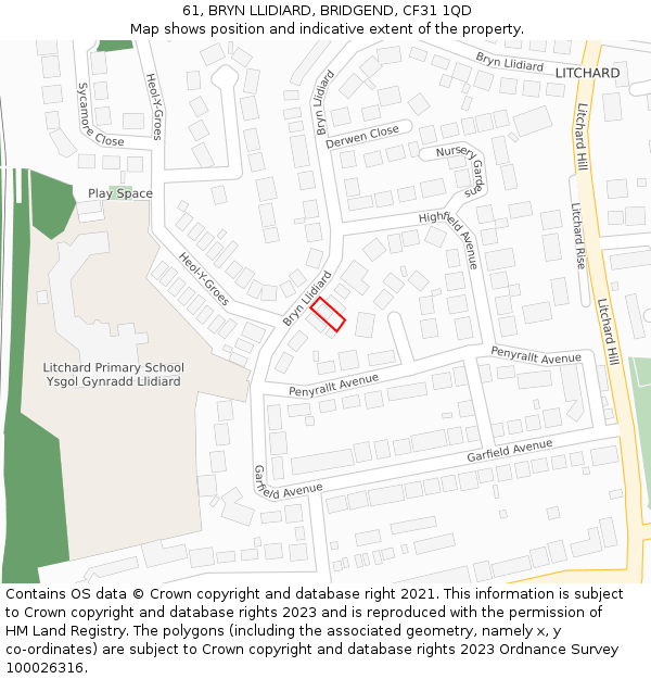 61, BRYN LLIDIARD, BRIDGEND, CF31 1QD: Location map and indicative extent of plot