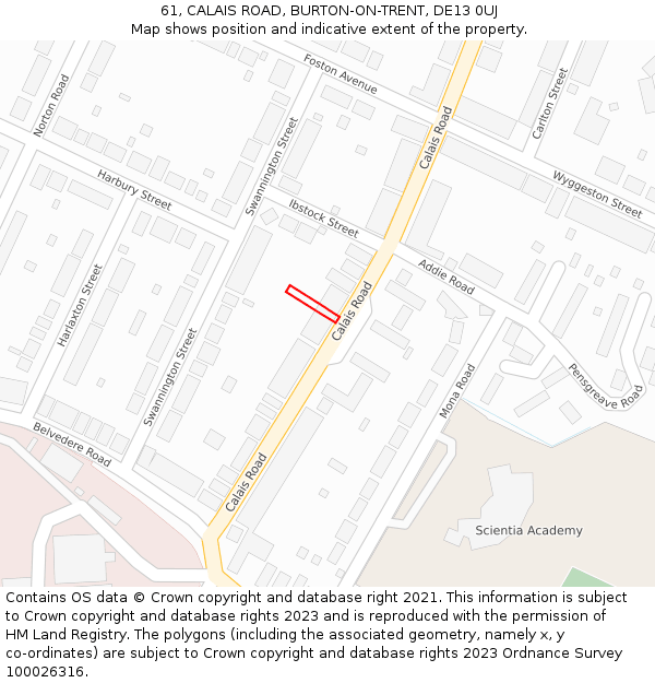 61, CALAIS ROAD, BURTON-ON-TRENT, DE13 0UJ: Location map and indicative extent of plot