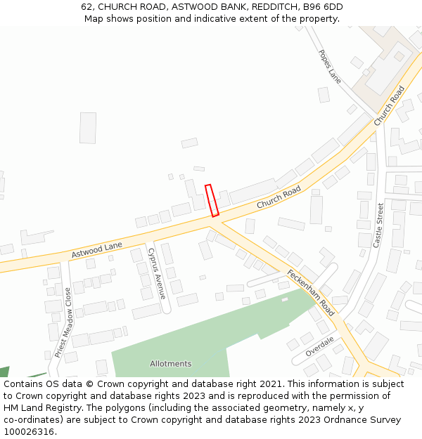62, CHURCH ROAD, ASTWOOD BANK, REDDITCH, B96 6DD: Location map and indicative extent of plot