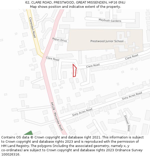 62, CLARE ROAD, PRESTWOOD, GREAT MISSENDEN, HP16 0NU: Location map and indicative extent of plot