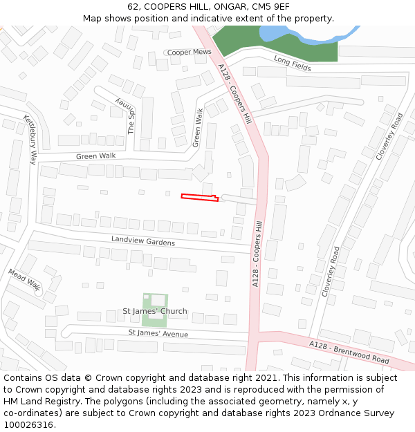 62, COOPERS HILL, ONGAR, CM5 9EF: Location map and indicative extent of plot