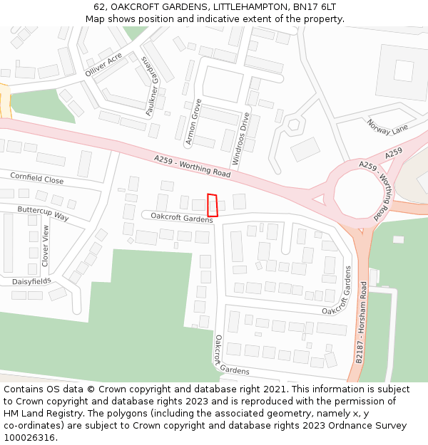 62, OAKCROFT GARDENS, LITTLEHAMPTON, BN17 6LT: Location map and indicative extent of plot