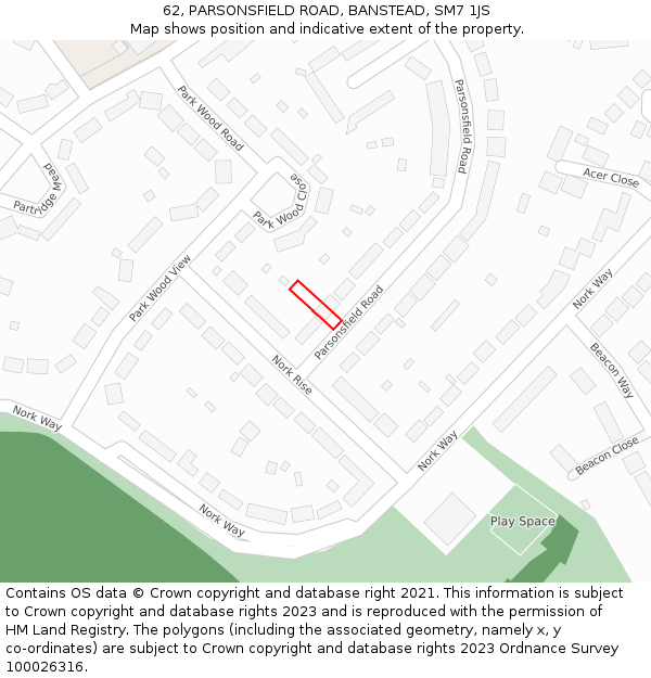 62, PARSONSFIELD ROAD, BANSTEAD, SM7 1JS: Location map and indicative extent of plot
