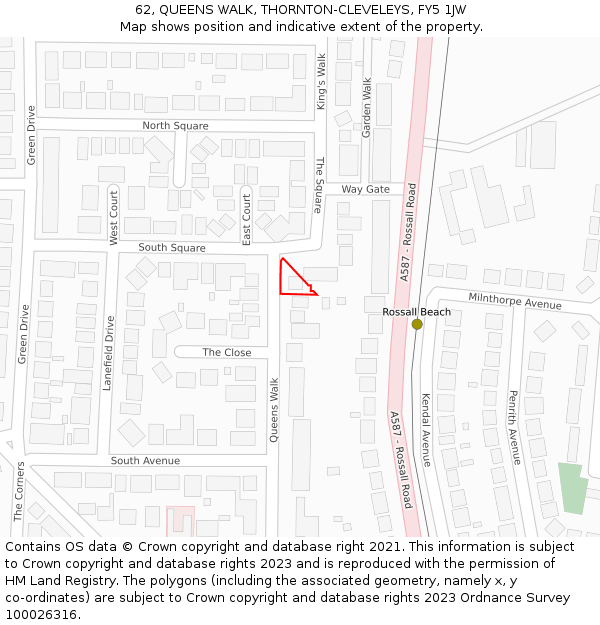 62, QUEENS WALK, THORNTON-CLEVELEYS, FY5 1JW: Location map and indicative extent of plot
