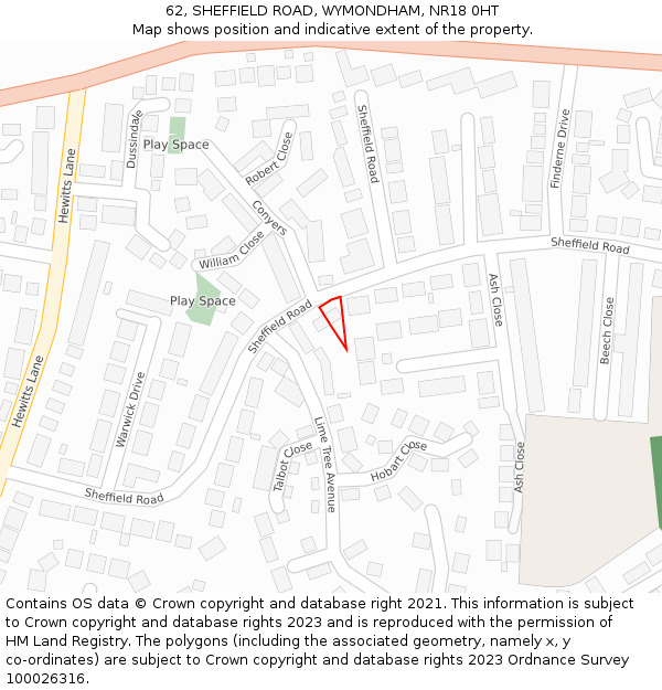 62, SHEFFIELD ROAD, WYMONDHAM, NR18 0HT: Location map and indicative extent of plot