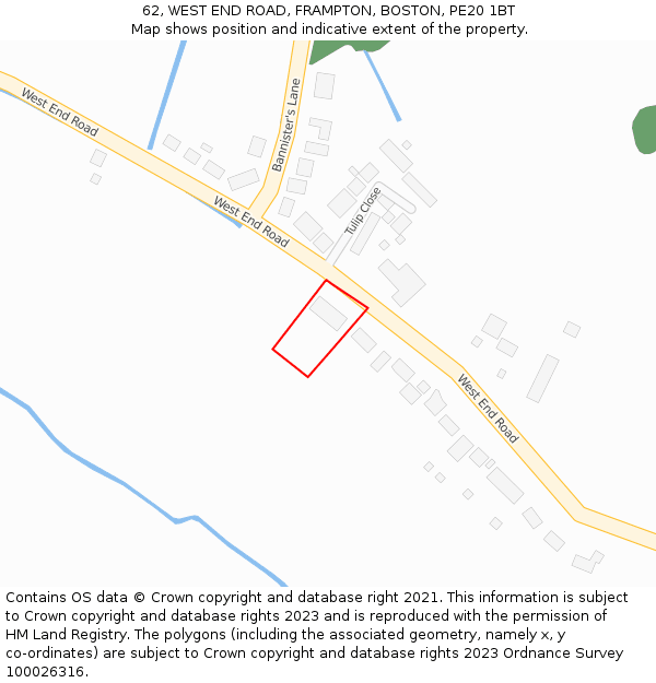 62, WEST END ROAD, FRAMPTON, BOSTON, PE20 1BT: Location map and indicative extent of plot
