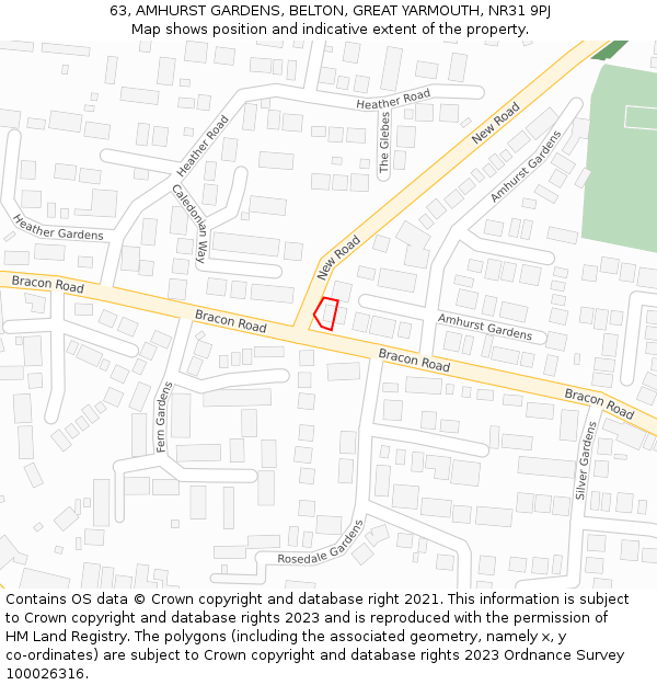 63, AMHURST GARDENS, BELTON, GREAT YARMOUTH, NR31 9PJ: Location map and indicative extent of plot