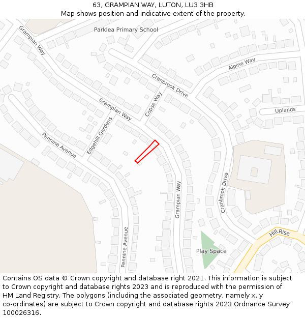63, GRAMPIAN WAY, LUTON, LU3 3HB: Location map and indicative extent of plot