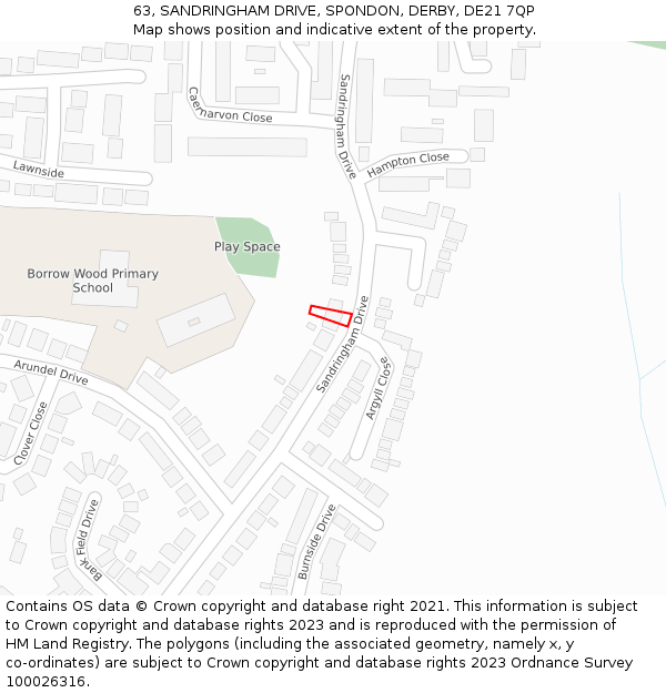 63, SANDRINGHAM DRIVE, SPONDON, DERBY, DE21 7QP: Location map and indicative extent of plot