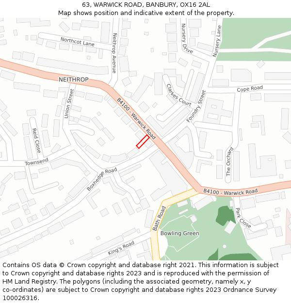 63, WARWICK ROAD, BANBURY, OX16 2AL: Location map and indicative extent of plot