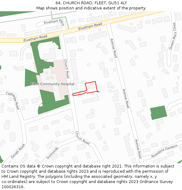 64, CHURCH ROAD, FLEET, GU51 4LY: Location map and indicative extent of plot
