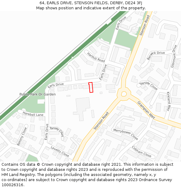 64, EARLS DRIVE, STENSON FIELDS, DERBY, DE24 3FJ: Location map and indicative extent of plot