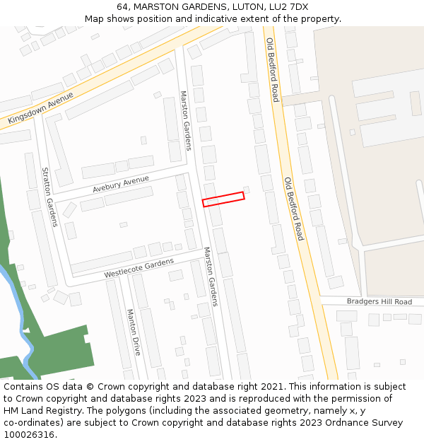 64, MARSTON GARDENS, LUTON, LU2 7DX: Location map and indicative extent of plot