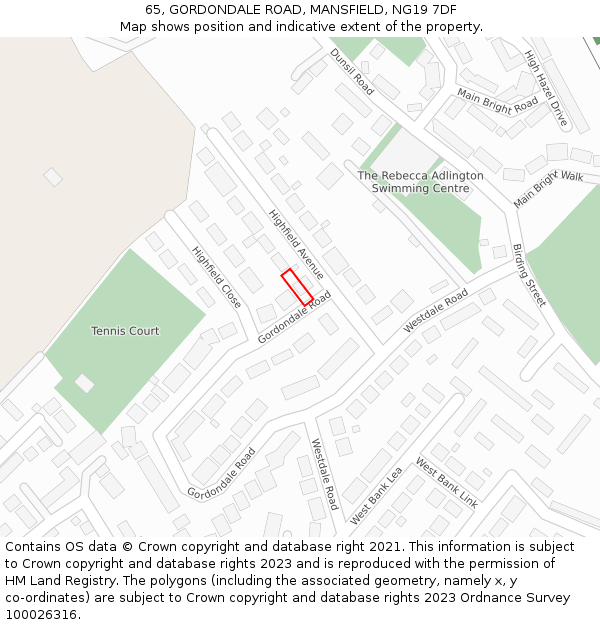 65, GORDONDALE ROAD, MANSFIELD, NG19 7DF: Location map and indicative extent of plot