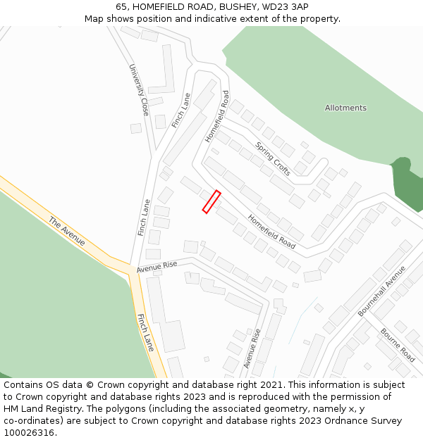 65, HOMEFIELD ROAD, BUSHEY, WD23 3AP: Location map and indicative extent of plot