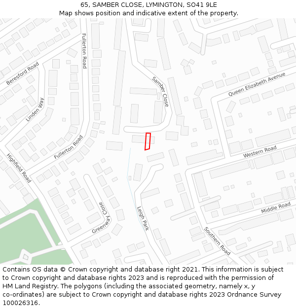 65, SAMBER CLOSE, LYMINGTON, SO41 9LE: Location map and indicative extent of plot