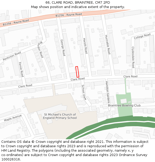 66, CLARE ROAD, BRAINTREE, CM7 2PD: Location map and indicative extent of plot