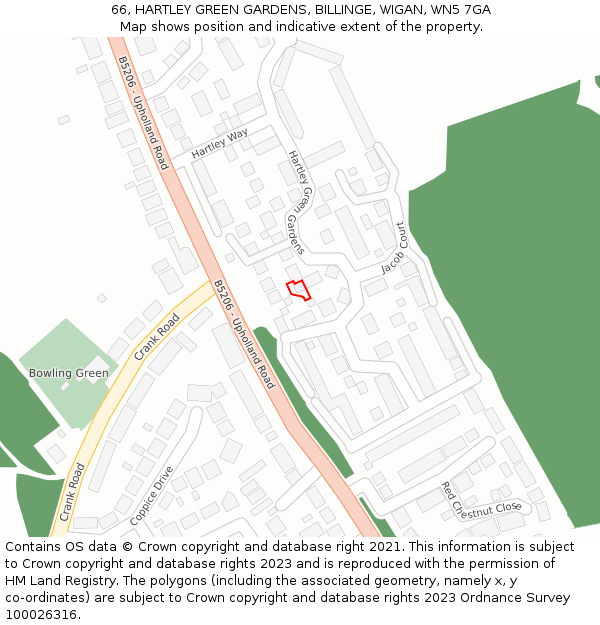 66, HARTLEY GREEN GARDENS, BILLINGE, WIGAN, WN5 7GA: Location map and indicative extent of plot