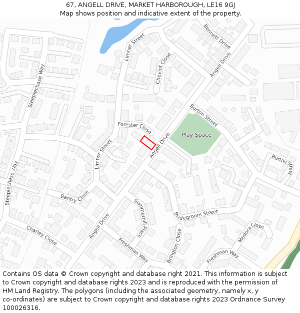 67, ANGELL DRIVE, MARKET HARBOROUGH, LE16 9GJ: Location map and indicative extent of plot