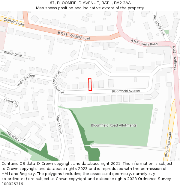 67, BLOOMFIELD AVENUE, BATH, BA2 3AA: Location map and indicative extent of plot