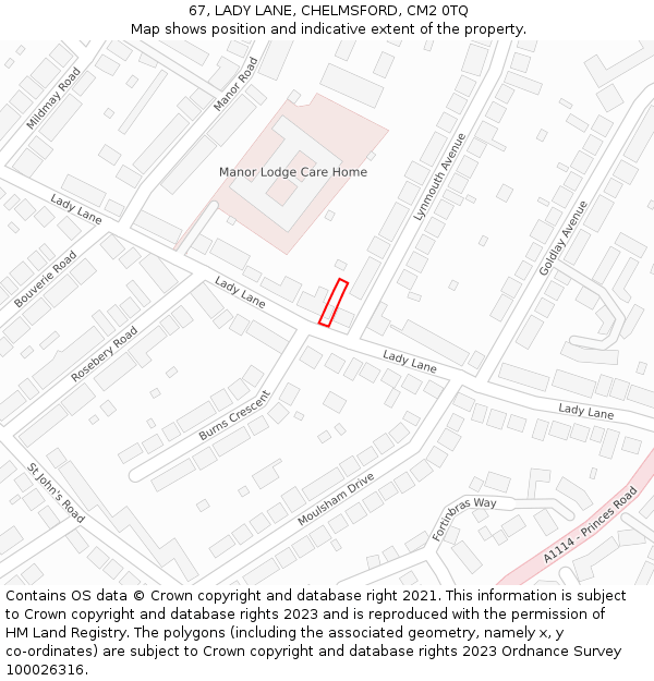 67, LADY LANE, CHELMSFORD, CM2 0TQ: Location map and indicative extent of plot