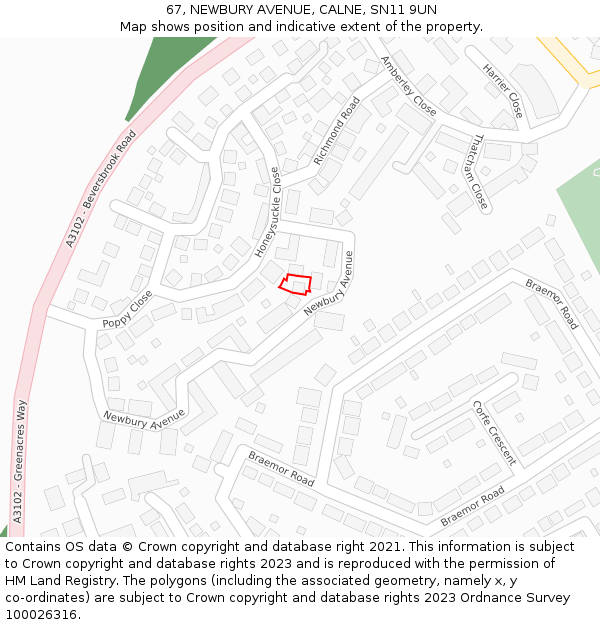 67, NEWBURY AVENUE, CALNE, SN11 9UN: Location map and indicative extent of plot