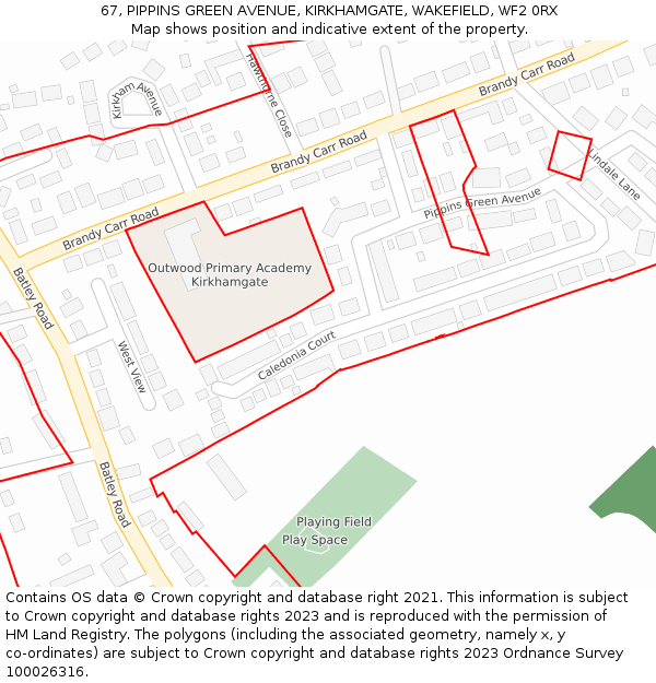67, PIPPINS GREEN AVENUE, KIRKHAMGATE, WAKEFIELD, WF2 0RX: Location map and indicative extent of plot