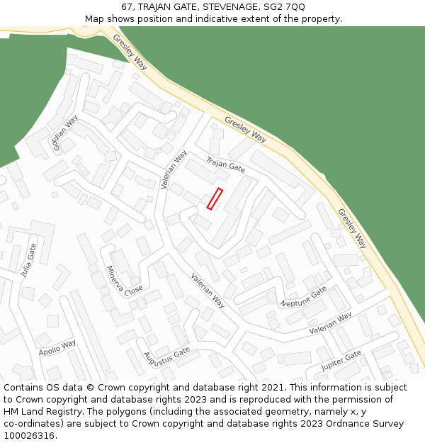 67, TRAJAN GATE, STEVENAGE, SG2 7QQ: Location map and indicative extent of plot