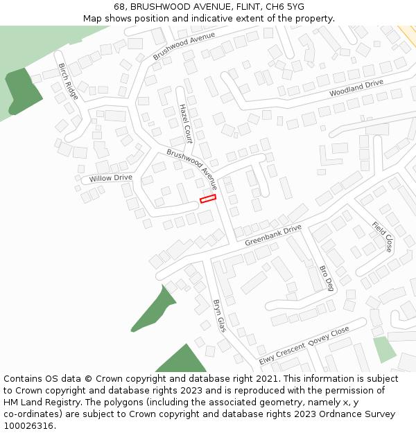 68, BRUSHWOOD AVENUE, FLINT, CH6 5YG: Location map and indicative extent of plot