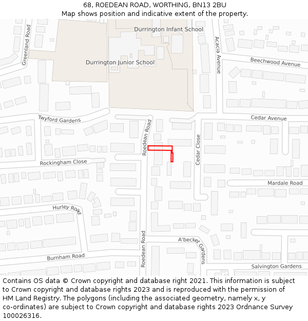 68, ROEDEAN ROAD, WORTHING, BN13 2BU: Location map and indicative extent of plot
