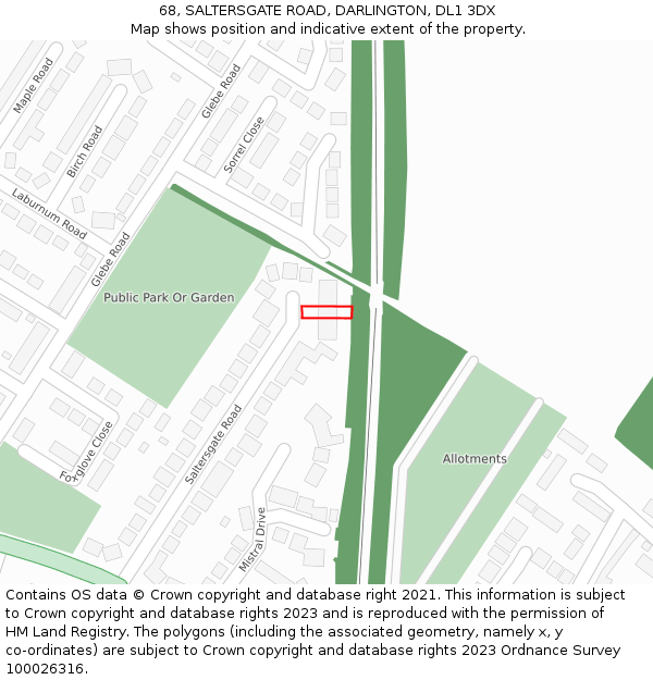 68, SALTERSGATE ROAD, DARLINGTON, DL1 3DX: Location map and indicative extent of plot